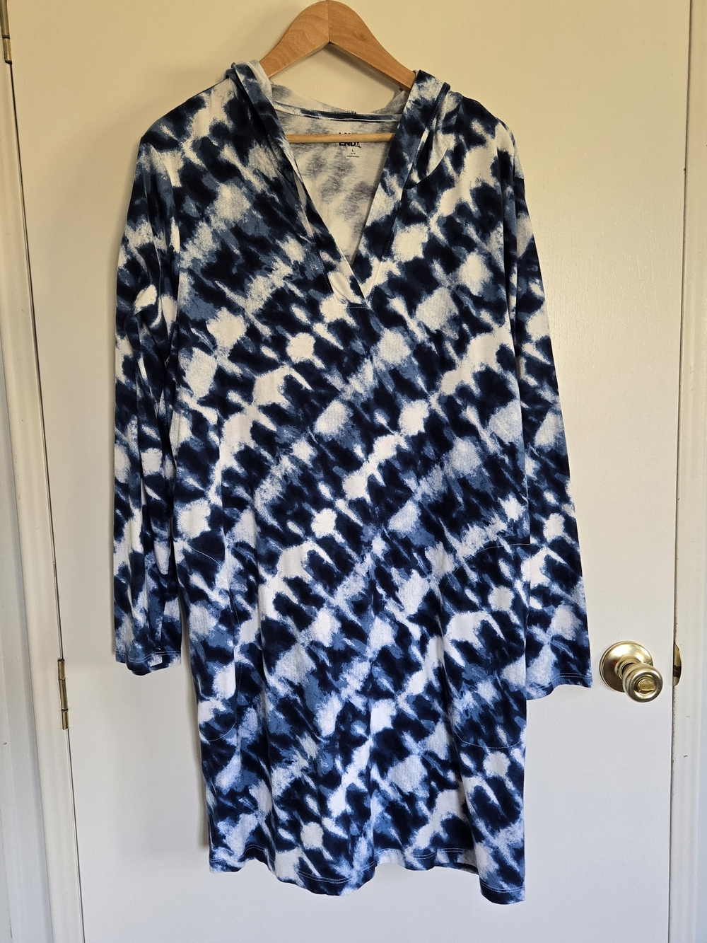 Lands' End Navy and White Tie-Dye Hooded Swim Coverup L